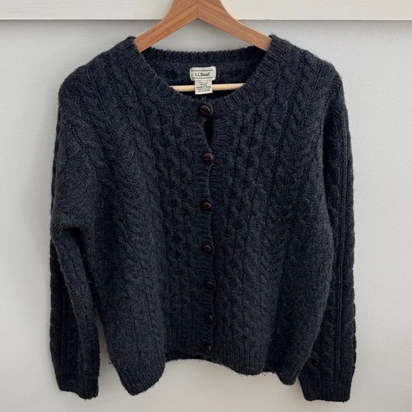 L.L. Bean Women’s Irish Wool Cardigan Gray Cable Knit Sweater Made In Ireland M - Picture 1 of 6